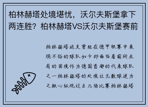 柏林赫塔处境堪忧，沃尔夫斯堡拿下两连胜？柏林赫塔VS沃尔夫斯堡赛前深度分析