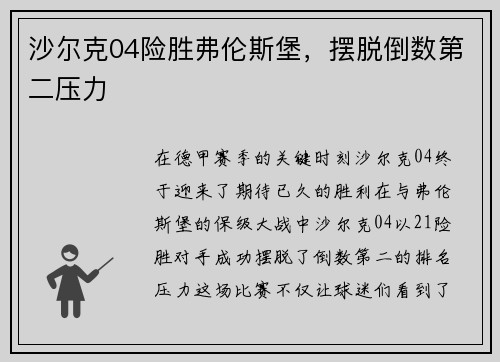沙尔克04险胜弗伦斯堡，摆脱倒数第二压力
