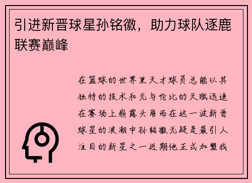 引进新晋球星孙铭徽，助力球队逐鹿联赛巅峰
