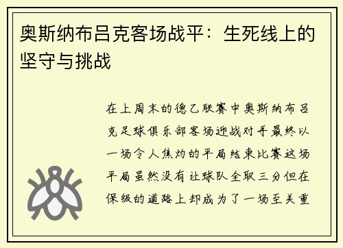奥斯纳布吕克客场战平：生死线上的坚守与挑战