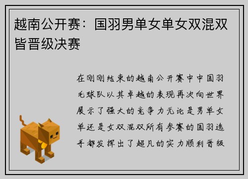 越南公开赛：国羽男单女单女双混双皆晋级决赛