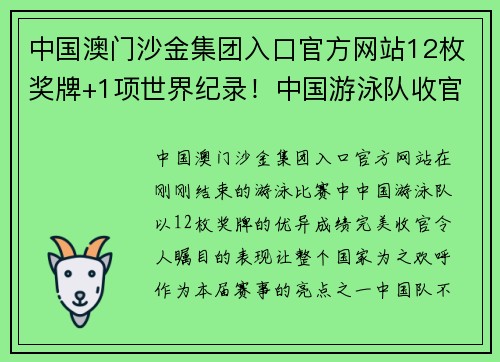 中国澳门沙金集团入口官方网站12枚奖牌+1项世界纪录！中国游泳队收官精彩回顾