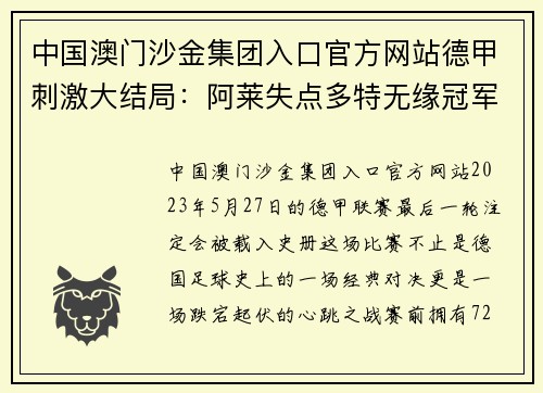 中国澳门沙金集团入口官方网站德甲刺激大结局：阿莱失点多特无缘冠军，穆西亚拉绝杀助拜仁十一连冠