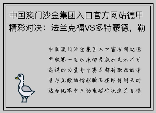 中国澳门沙金集团入口官方网站德甲精彩对决：法兰克福VS多特蒙德，勒沃库森VS柏林联合，弗赖堡VS比勒费尔德 - 副本