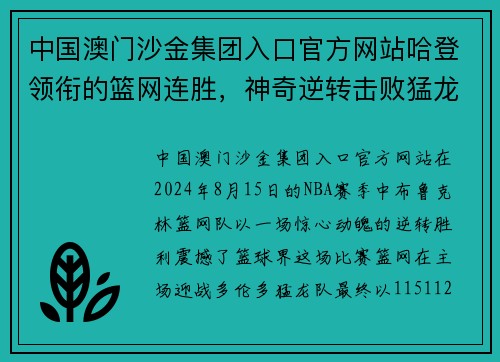 中国澳门沙金集团入口官方网站哈登领衔的篮网连胜，神奇逆转击败猛龙 - 副本