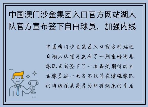 中国澳门沙金集团入口官方网站湖人队官方宣布签下自由球员，加强内线深度助力季后赛冲刺