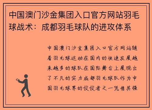 中国澳门沙金集团入口官方网站羽毛球战术：成都羽毛球队的进攻体系
