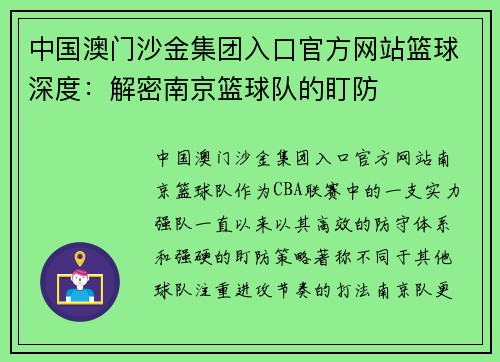 中国澳门沙金集团入口官方网站篮球深度：解密南京篮球队的盯防