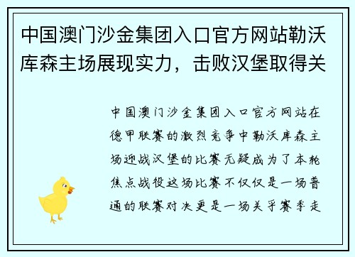 中国澳门沙金集团入口官方网站勒沃库森主场展现实力，击败汉堡取得关键胜利