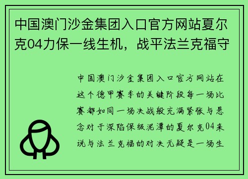 中国澳门沙金集团入口官方网站夏尔克04力保一线生机，战平法兰克福守住希望之门