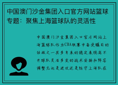 中国澳门沙金集团入口官方网站篮球专题：聚焦上海篮球队的灵活性