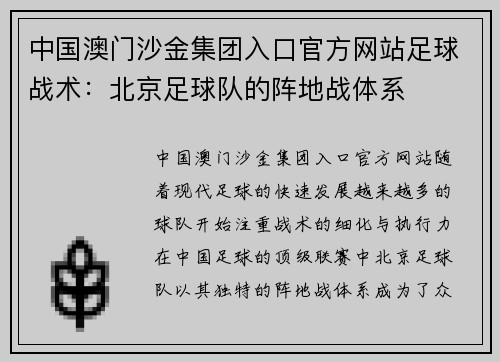 中国澳门沙金集团入口官方网站足球战术：北京足球队的阵地战体系