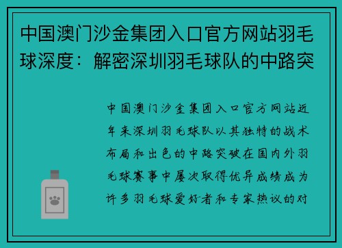 中国澳门沙金集团入口官方网站羽毛球深度：解密深圳羽毛球队的中路突破