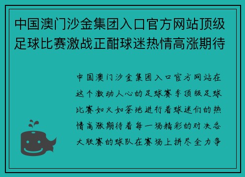 中国澳门沙金集团入口官方网站顶级足球比赛激战正酣球迷热情高涨期待精彩对决