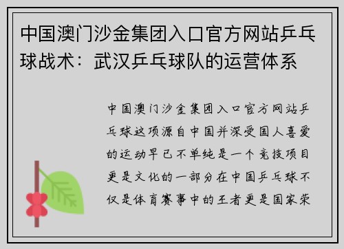 中国澳门沙金集团入口官方网站乒乓球战术：武汉乒乓球队的运营体系