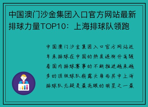 中国澳门沙金集团入口官方网站最新排球力量TOP10：上海排球队领跑