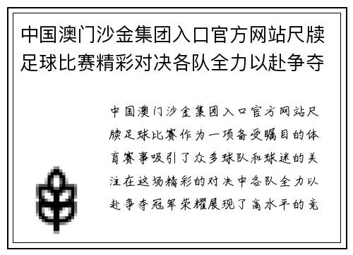 中国澳门沙金集团入口官方网站尺牍足球比赛精彩对决各队全力以赴争夺冠军荣耀